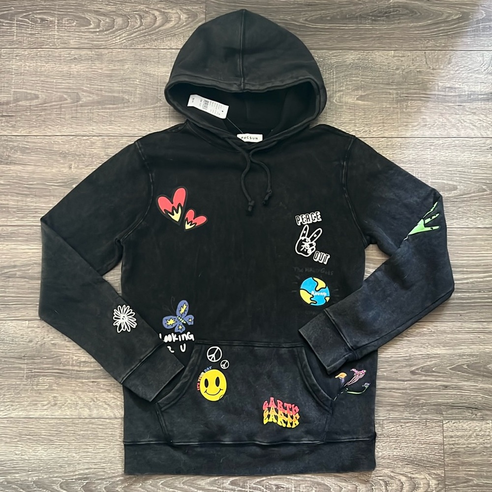 NWT new Pacsun women’s hoodie pullover sweatshirt S small peace love emoji top